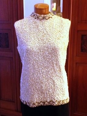 Vintage white beaded sleeveless sequin top cardigan from Marshall Field and Co.